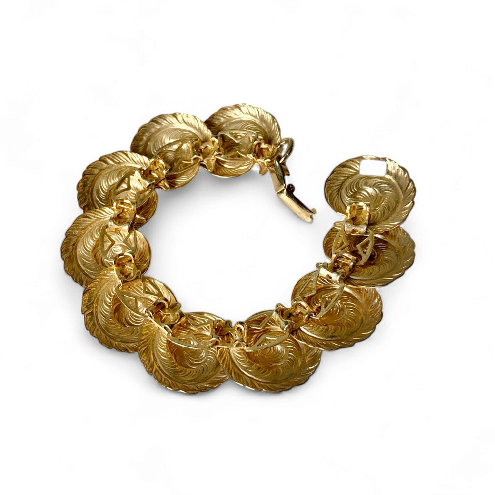 Vintage Goldtone Domed Feather Plume Fern Runway Statement Link Bracelet. - Picture 8 of 8